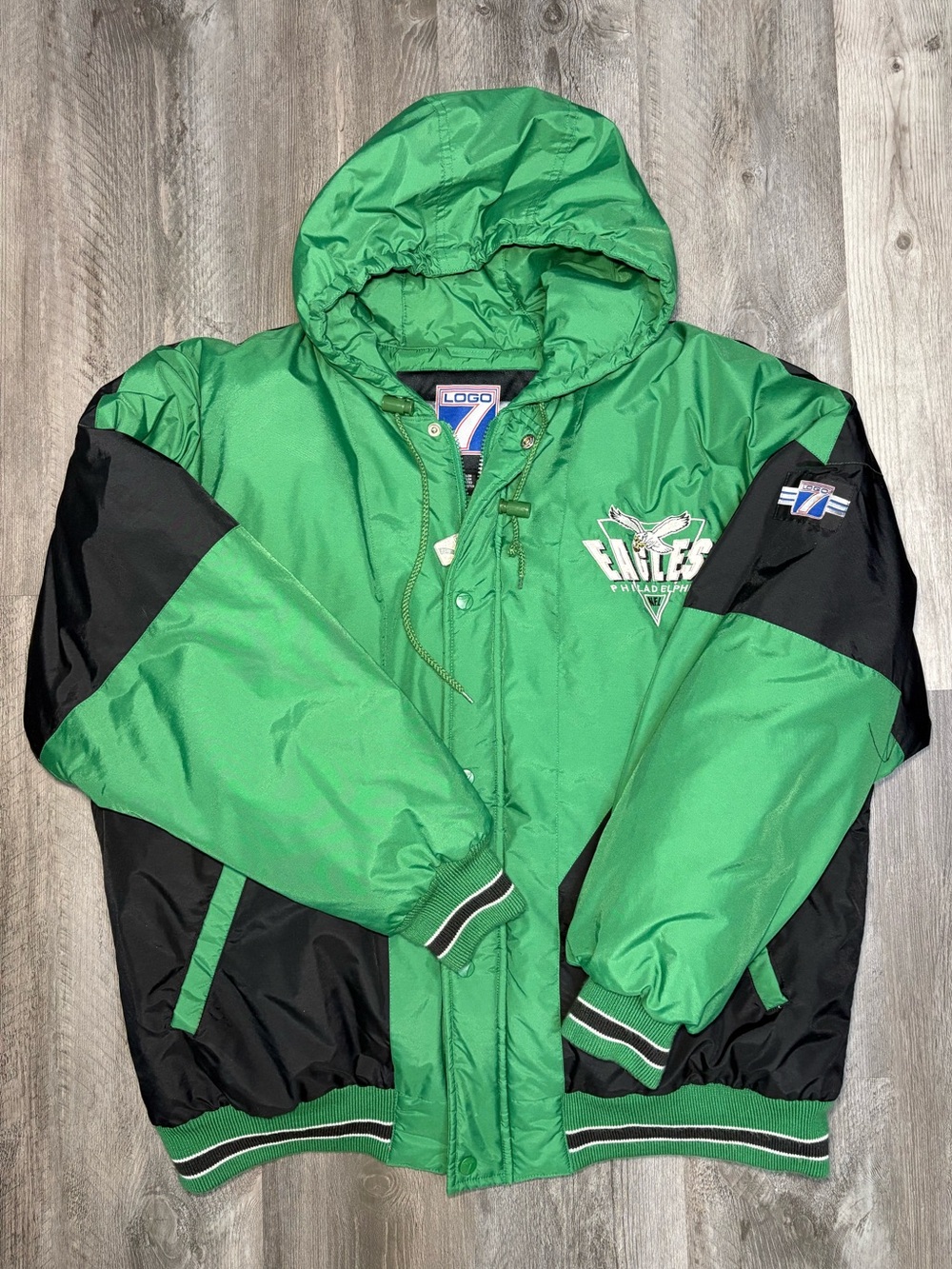 LOGO 7 Green and Black Hooded Puffer Jacket